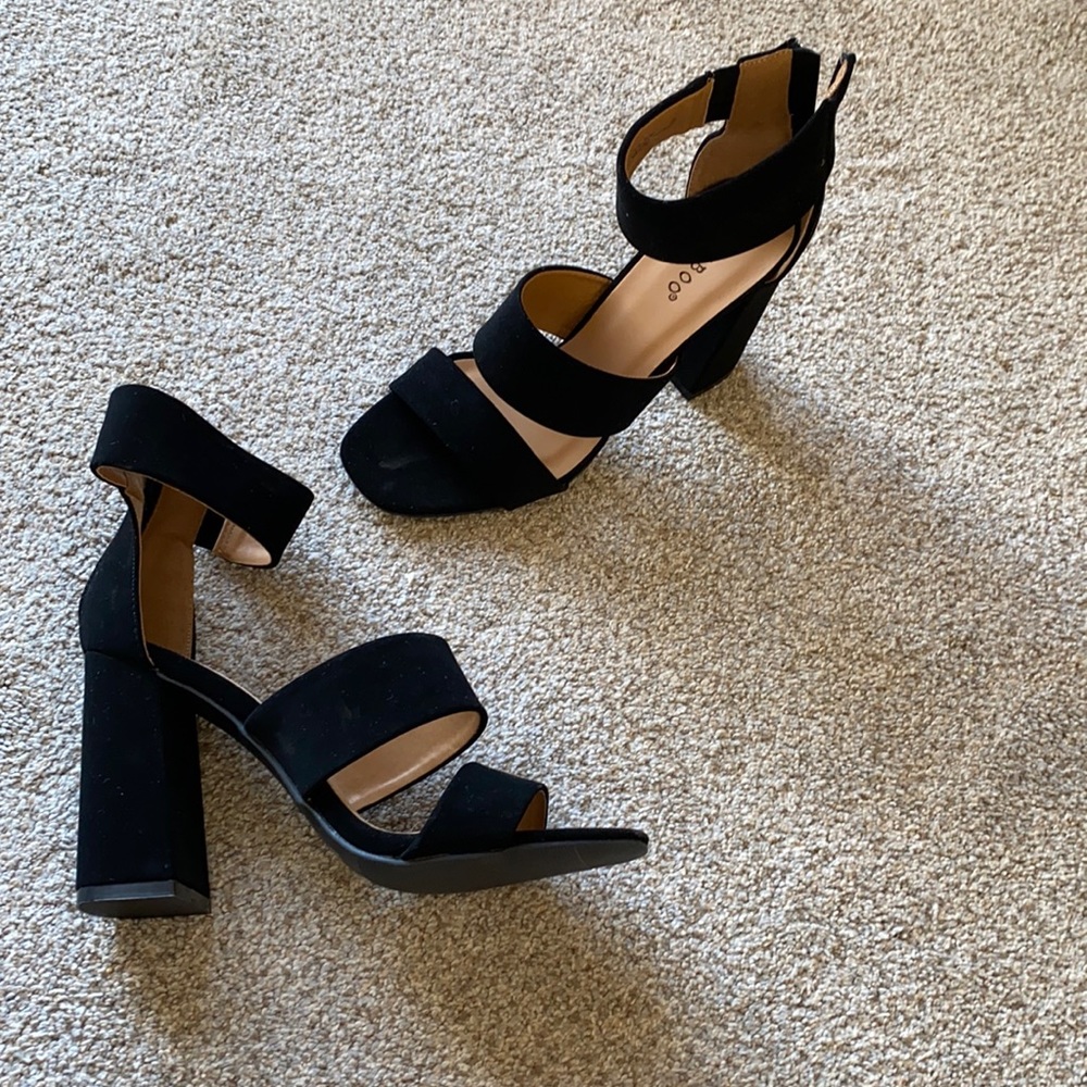Black faux suede chunky heel sandals